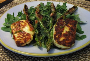 haloumi cheese on a bed of rocket