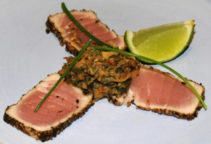 Seared Peppered Tuna with a Macadamia Curry Compote